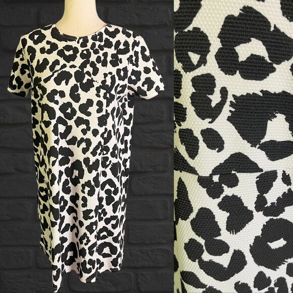 ASOS Sz 8 Black White Animal Print Short Sleeve Shift Swing Dress Crewneck - Picture 1 of 9